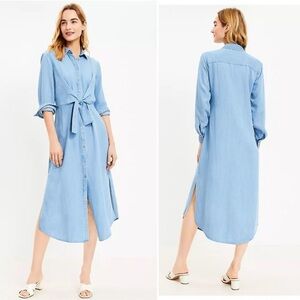 LOFT chambray linen button down knot front Light Blue Denim Shirt Dress‎ Sz 6